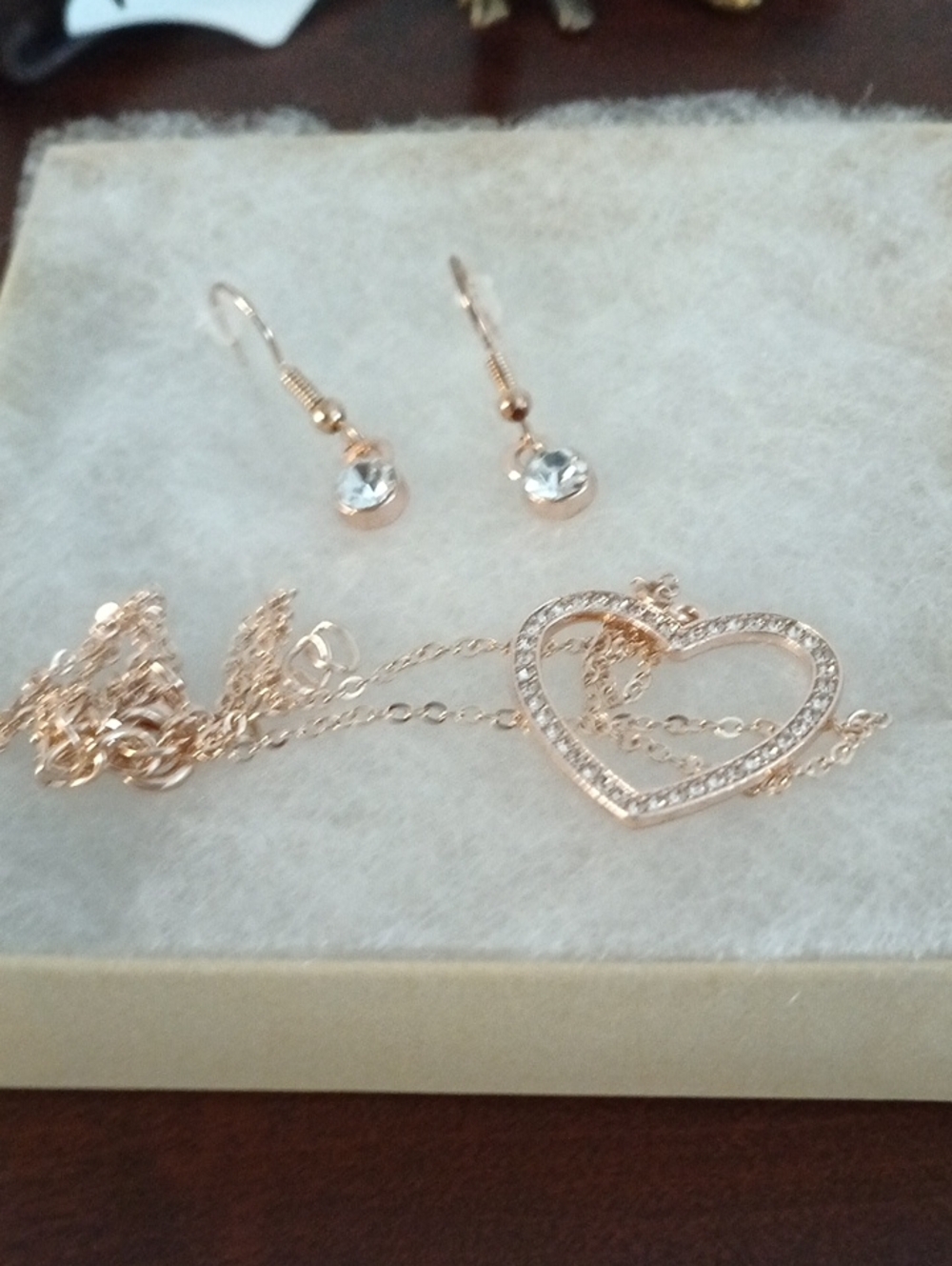 Rose Gold Heart Pendant Necklace and Crystal Drop Earrings Set